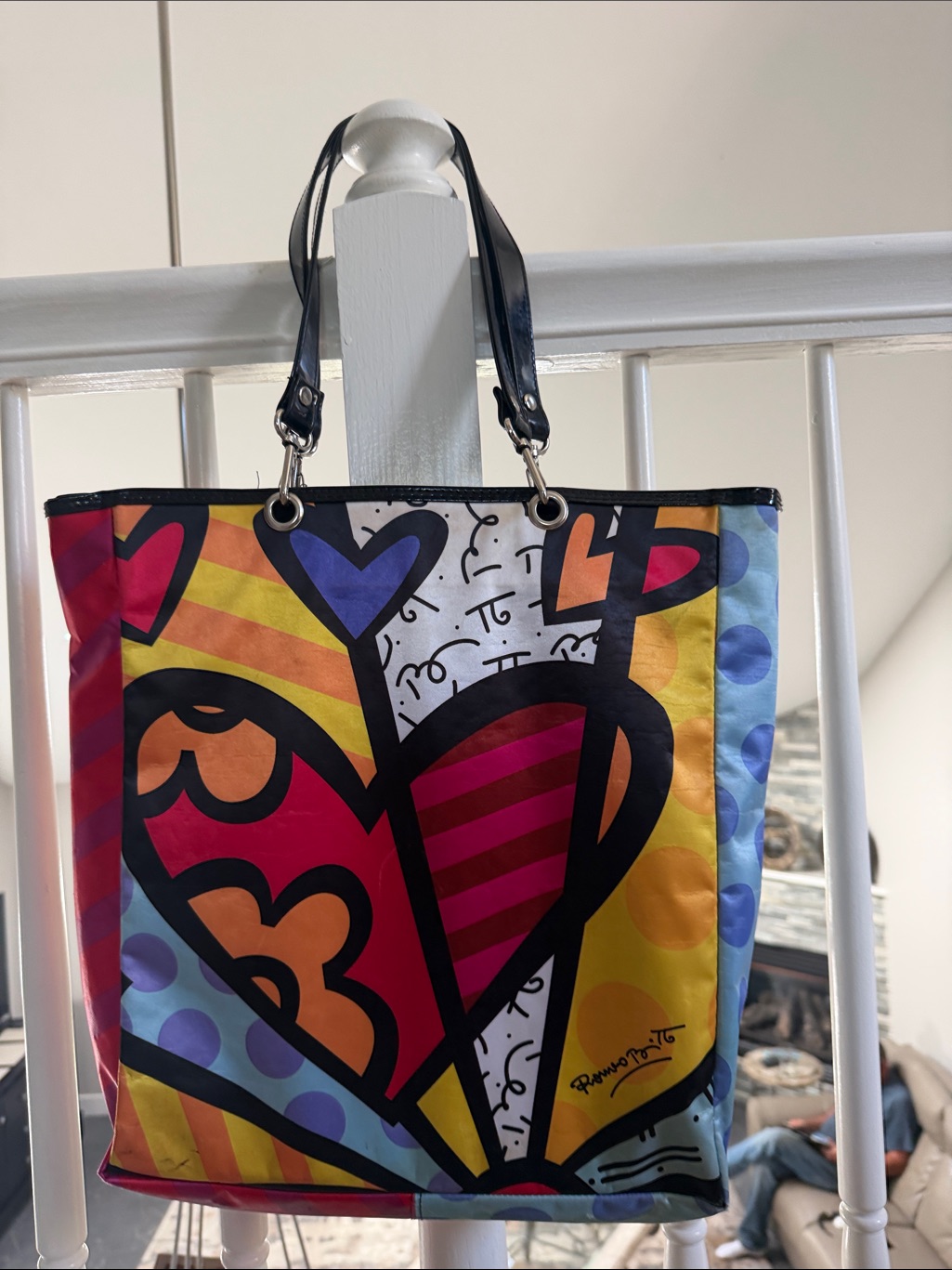 Colorful Heart-Print Tote Bag With Black Handles